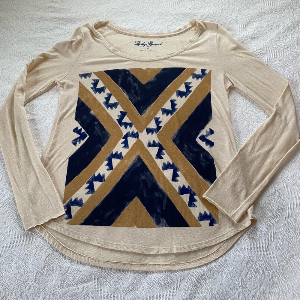 Lucky brand size small long sleeve t-shirt beige & blue Aztec Boho lightweight